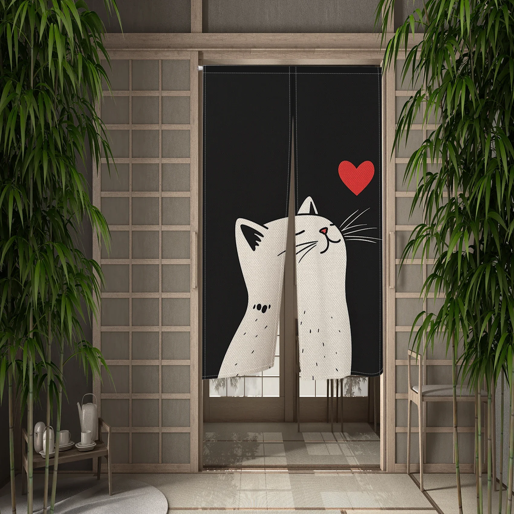 VIKAMA Adorable Cat Japanese Norin Door Curtain Black and White Cartoon Style Half-Length Pole-Mounted Door Curtain Home Decor