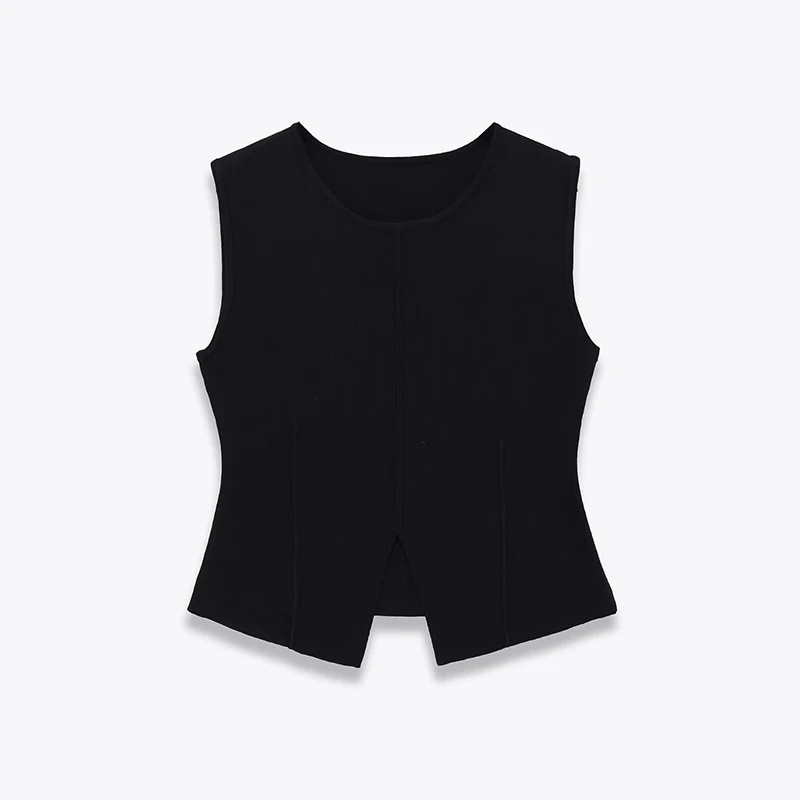 

YENKYE Black Brown Knit Top Women Round Neck Sleeveless Casual Elegant Tank Top