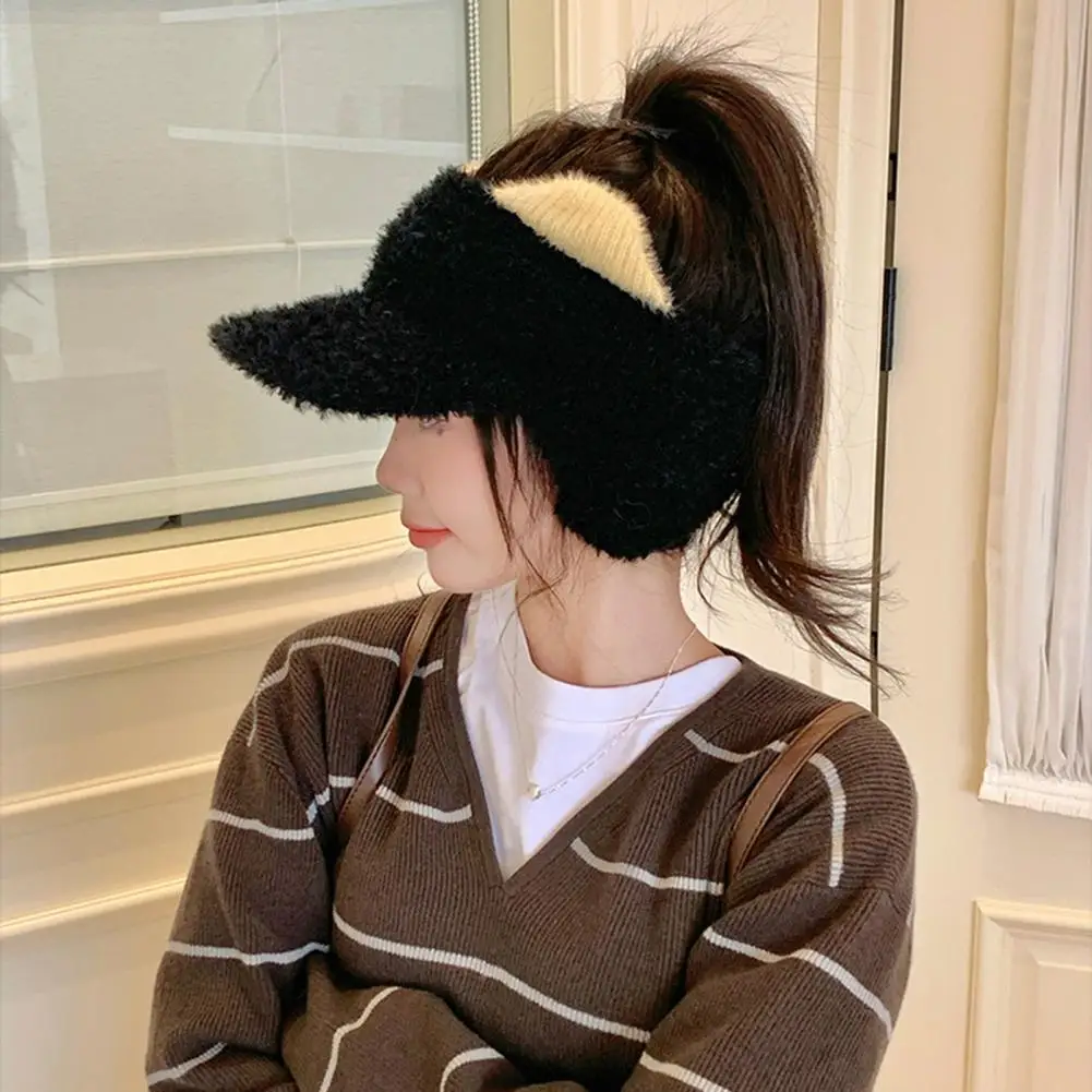 Winter Warm Plush Hat Open Top Peaked Cap Winter Visor Cap with Ear Flaps Plush Hat with Brim Open Top Ponytail Winter for Women