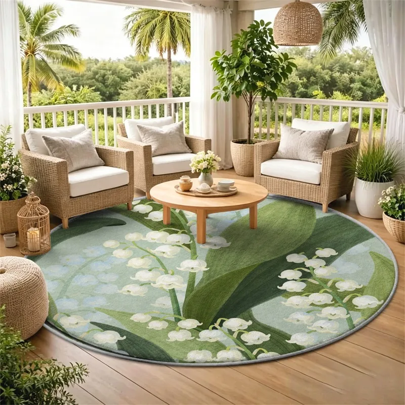 Lily of The Valley Round Carpet Oil Painting White Bell Flower Green Leaf Pattern Round Floor Carpet for Decor Round Carpet