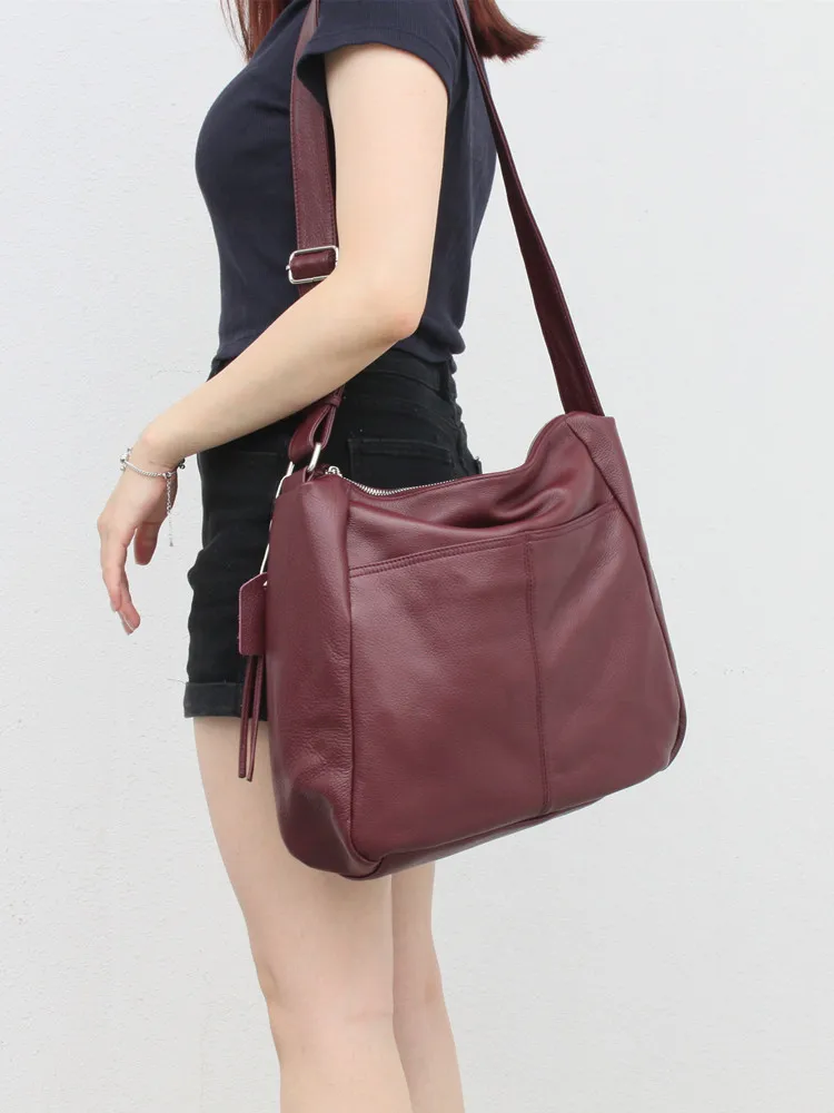 Summer New Burgundy Tote Bag for Women Genuine Leather Large Shoulder Crossbody Bag Ins Fashion Purse Spacious Work Shopping Bag