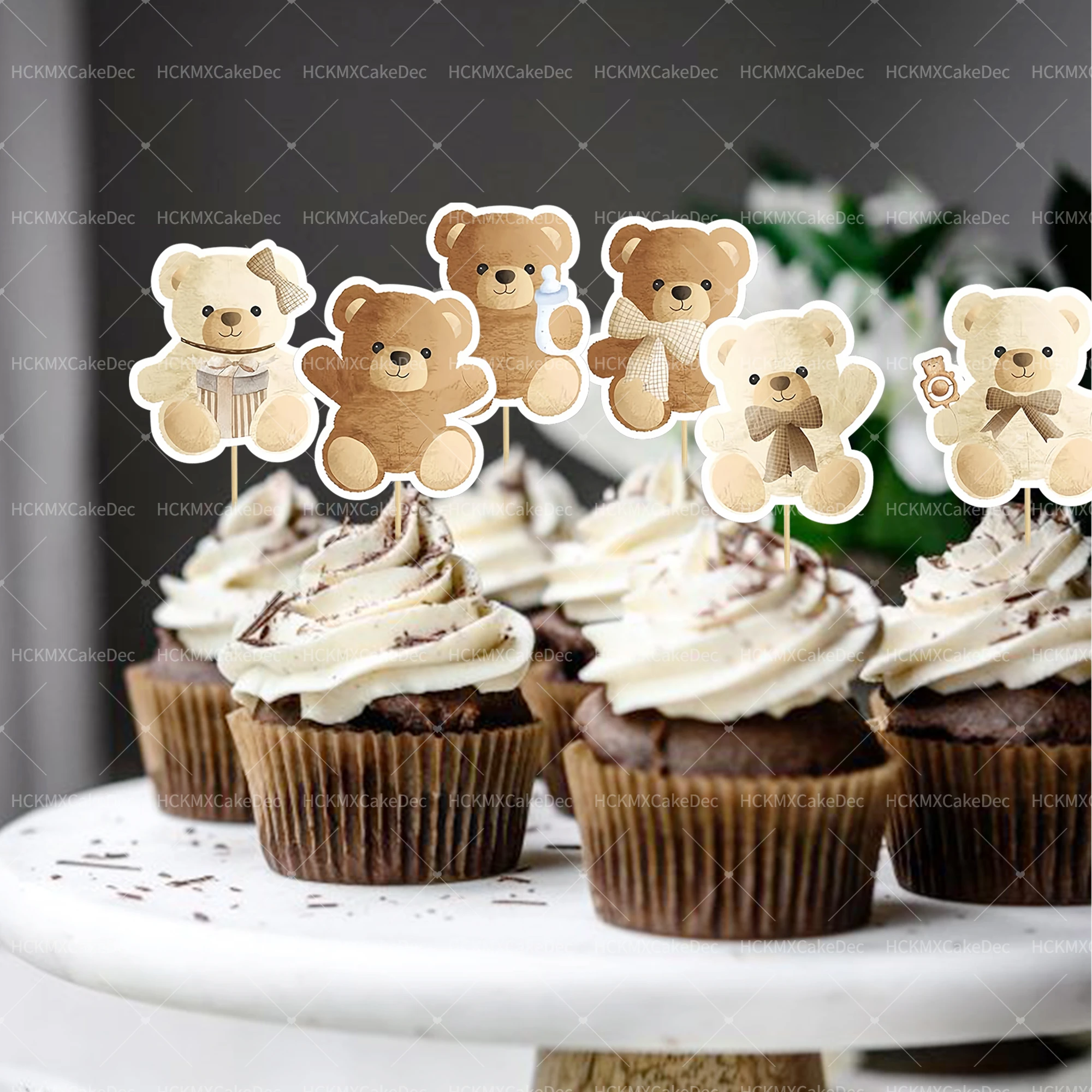 24 Stück Teddybär Cupcake-Topper Niedliche Braune Babybär Kuchendekoration für Babyparty Geburtstagstorten-Deko – Detail 2