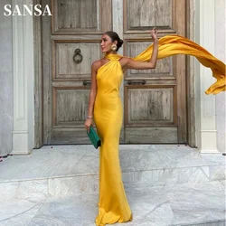 Sansa Golden Satin فساتين السهرة Mermaid Sleeveless Vestidos De Noche Floor-Length Elegant Backless Long Shawl Prom Dresses 2024