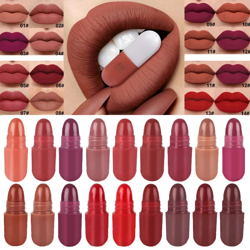 Mini Capsule Lipstick Set 18colors Matte Velet Lip Gloss Silky Soft Lip Tinted Red Long-lasting Colored Non-stick Cup Lipsticks