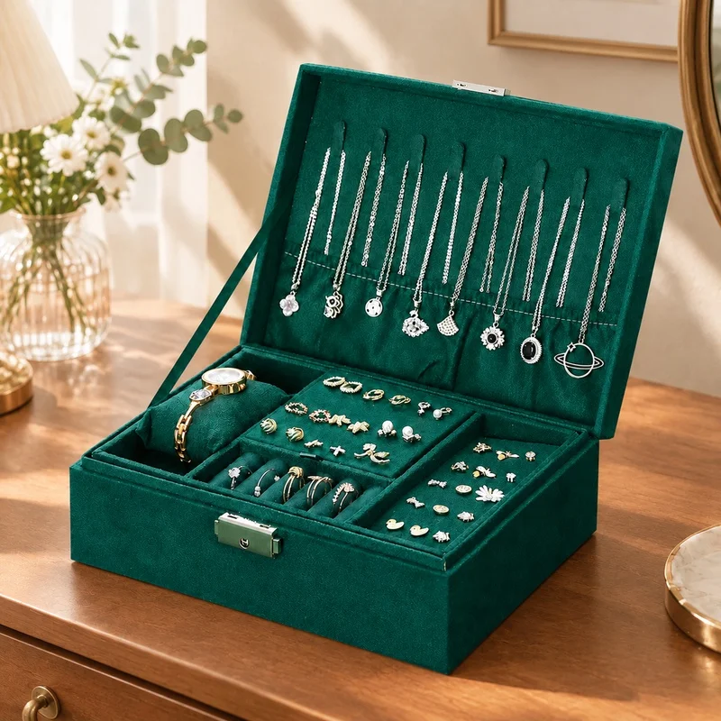 Retro-Style Velvet Jewelry Case with Double Lock, Spacious Storage for Watches, Necklaces, and Earrings