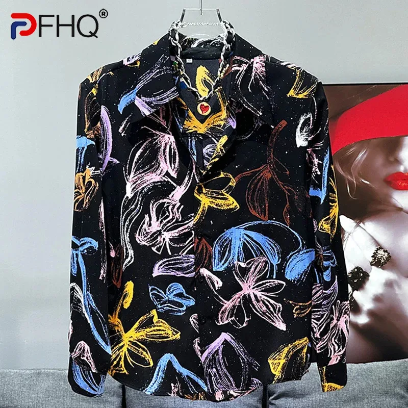 

PFHQ Men's Summer Graffiti Flower Hot Stamping Tops Thin Shoulder Pad Luxury Turn-down Collar Creativity Art T-shirt New 21Z4875