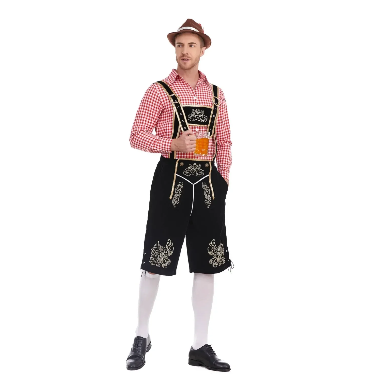 Adulto hombres carnaval Oktoberfest traje 3 unids/set tradicional Alemania cerveza bávara barman tirantes pantalones cortos camisa sombrero Halloween