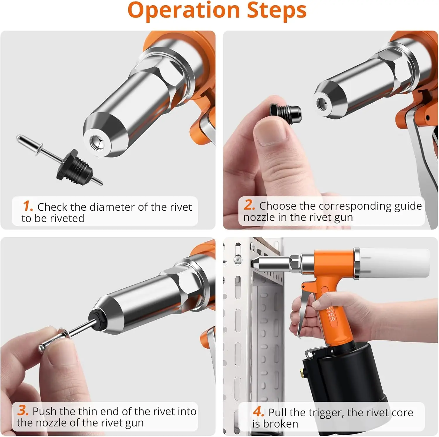 Heavy-Duty Pneumatic Rivet Gun with 3924LBF Pull Force, 5 Nosepieces for Versatile Fastening Applications