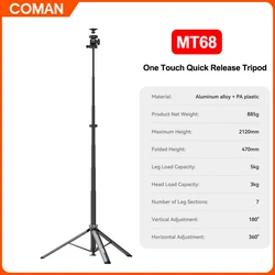 COMAN MT68 One Touch Quick Release Photography Light Stand Max High 2.1M Tripod 1/4'' Screw for LED Light Flash Softbox Travel