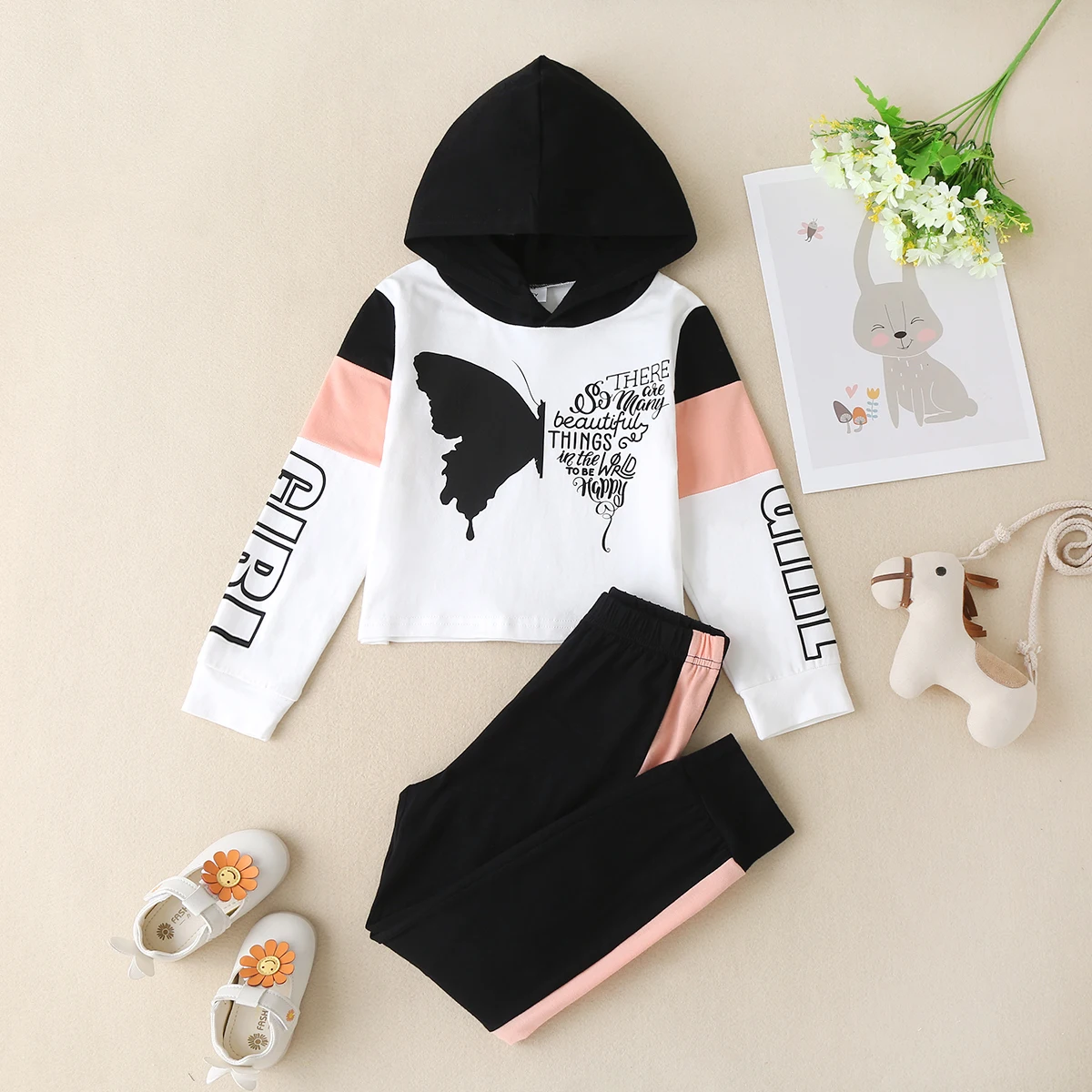 Girls  And Boys Set Long Sleeve Hooded Butterfly Sweater Pants Loose Fashion Trend Sports Home Travel