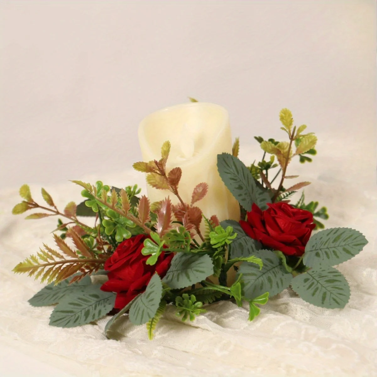 

2 件套 Artificial Rose Candle Rings Valentine's Day Artificial Flowers Candle Holder Fake Greenery Leaves Mini Wreath for