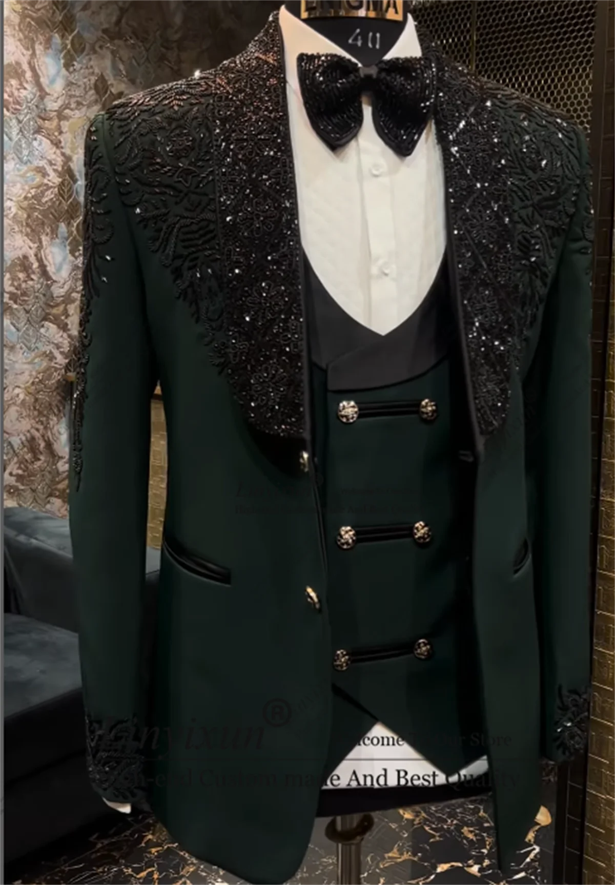 Gentleman ricamo Perline Abiti da uomo 3 pezzi Set Blazer da ballo maschile Festa personalizzata Matrimonio Sposo Smoking Slim Fit Costume Homme