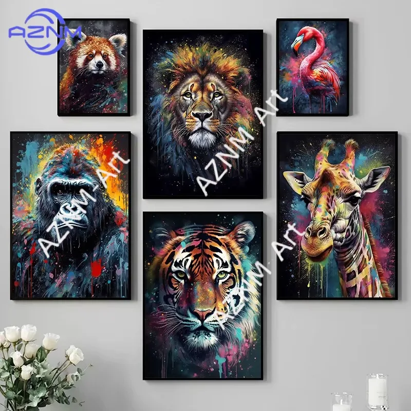 1pc Lion Tiger Animal Portrait Poster Print Monkey Giraffe Canvas Painting Abstract Graffiti Wall Art Picture Room Home Decor