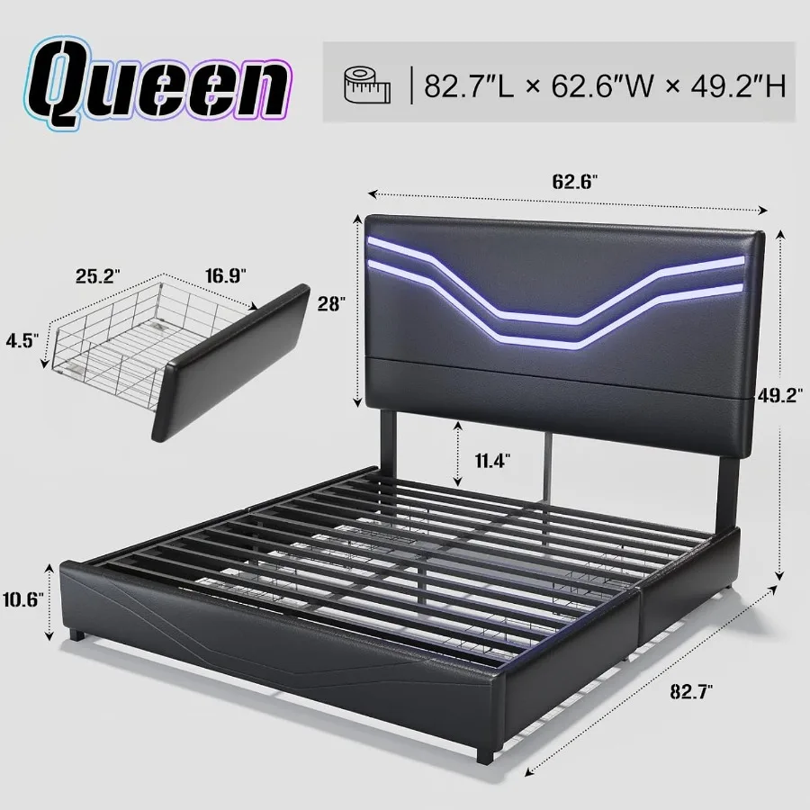 إطار سرير بمنصة بحجم كوين مع أضواء LED و4 أدراج تخزين ولوح رأسي منجد من الجلد بدون صندوق سرير ألعاب زنبركي