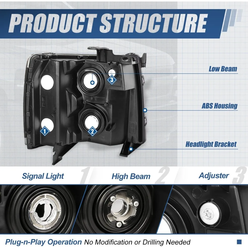 

Halogen Headlights Assembly Compatible with Chevy Silverado 1500 2500HD 3500 GMT900 2007 2008 2009 2010 2011 2012 2013 2014