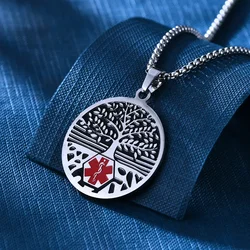 Tree of Life Medical Alert Pendant Necklaces for Men Woman Stainless Steel Life-Star Type 1 Diabetes Emergency ICE SOS Jewelry