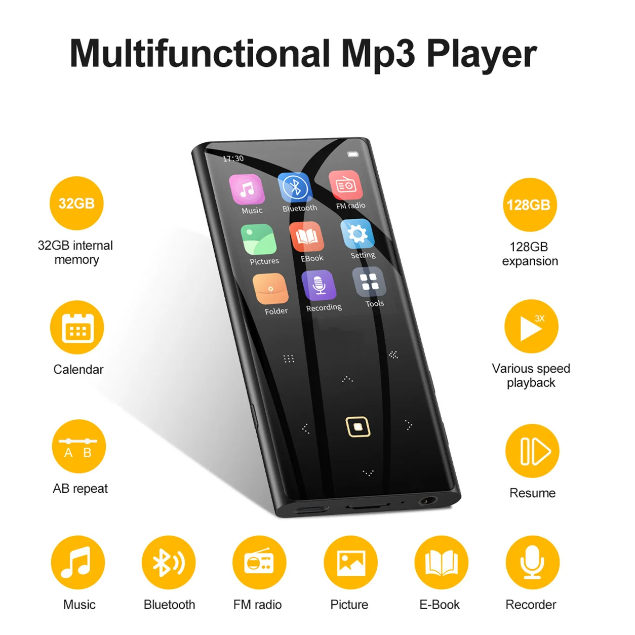 64GB 32G MP3 Player Portable Digital Music Built-in Speaker Voice Recorder FM Radio E-Book & Stopwatch With 2.4 inch Screen