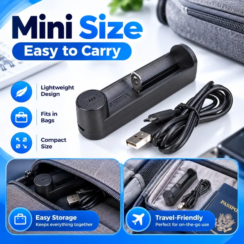 Compact USB Powered Charger for 18650 16340 Lithium Batteries with Charging Status Indicator Light