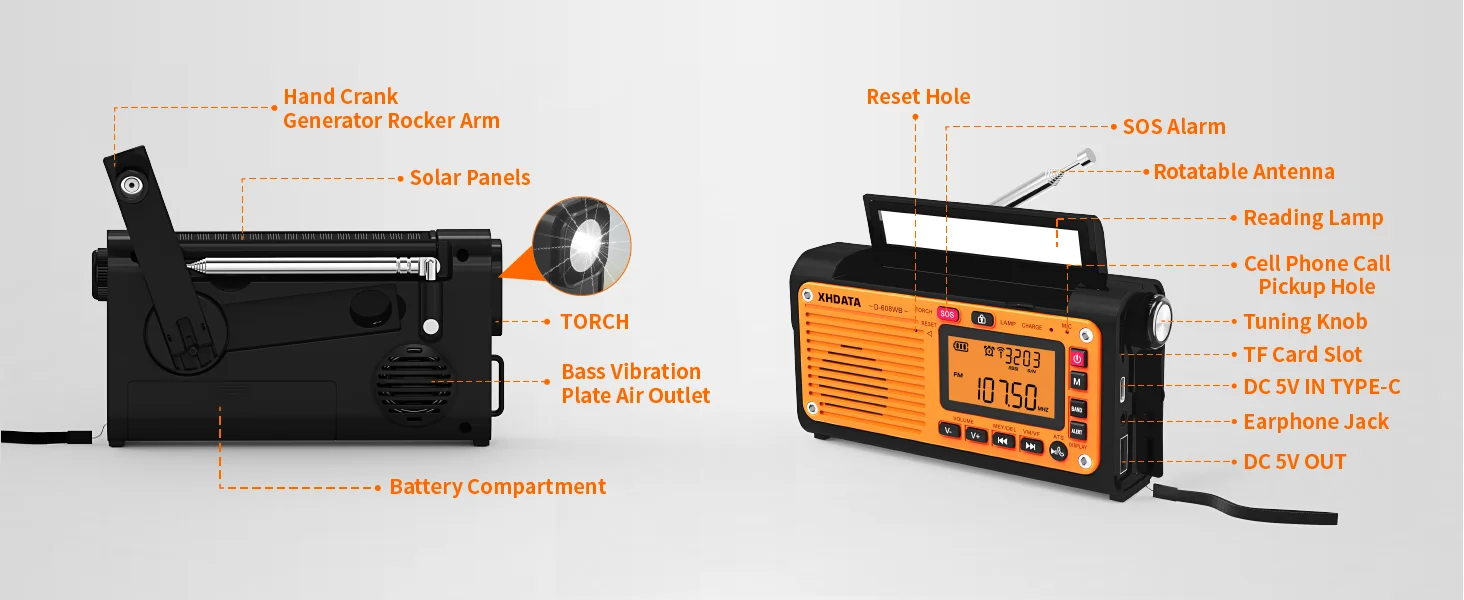 XHDATA D-608WB Notfall-Wetterradio mit Kurbel, FM/AM/SW/NOAA-Alarm, tragbares Radio mit Telefonladegerät, Bluetooth, batteriebetrieben – Detail 9