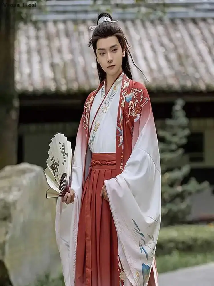

2025 Large Size Hanfu Men Chinese Traditional Printed Hanfu Male Carnival Cosplay Costume Gradient Red&blue Hanfu 3pcs Sets Men
