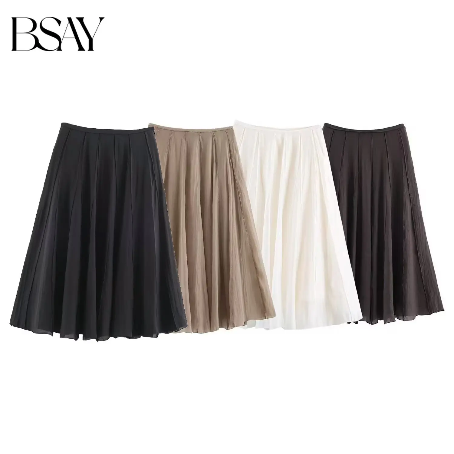 BSAY 2026 Elegant Mature Women Draped Spliced Midi Skirt High Waist Pleated Swing A Line Skirt Office Commuter Casual Bottoms