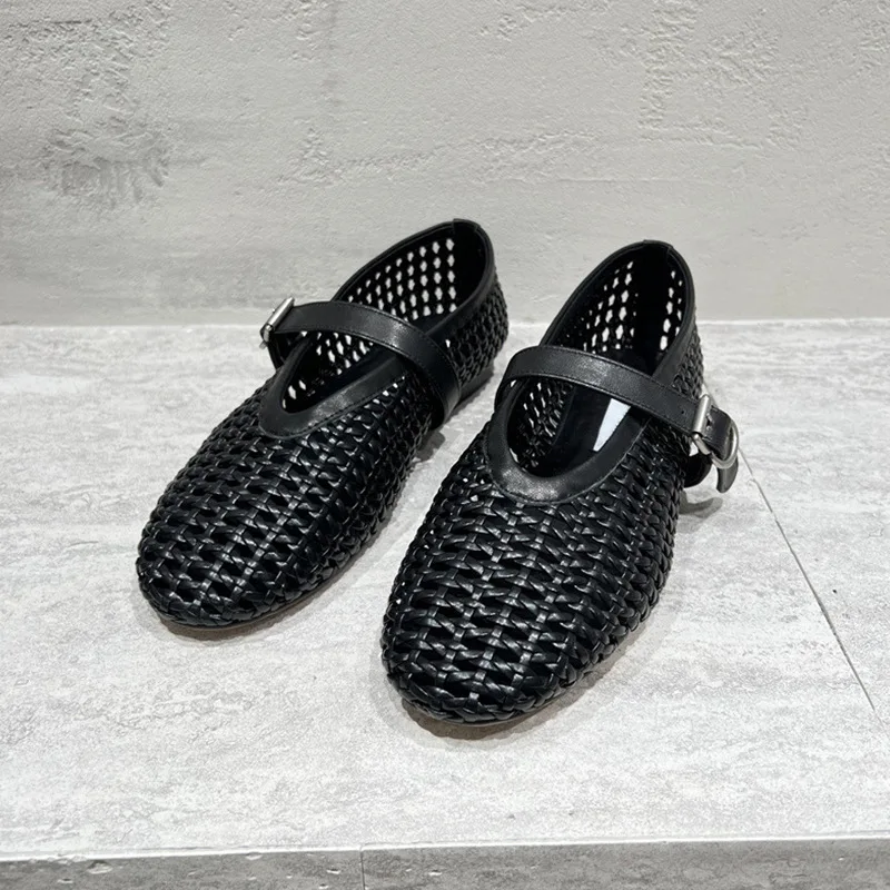 

Women's 2025 New Traf Fishnet Crochet Strap Flats Summer Sandals Athletic Low Heel Luxury Fashion Brand Round Toe Ballet Shoes