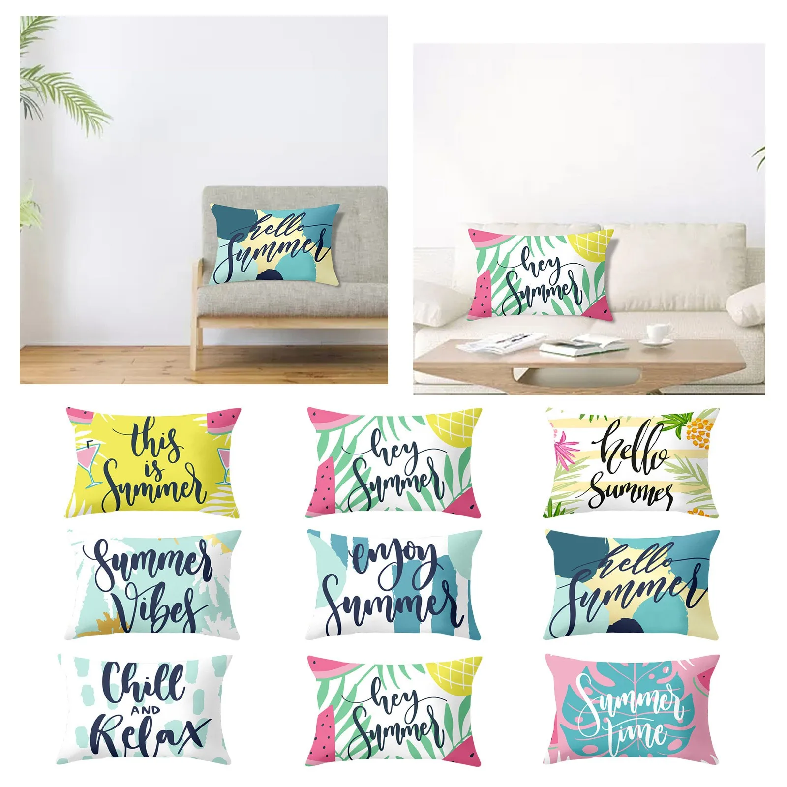 Soft Throw Pillows Hello Summer Sign Watermelon Pineapple Short h Car Waist Pillow Sofa Window Silk Pillowcase with Zipper