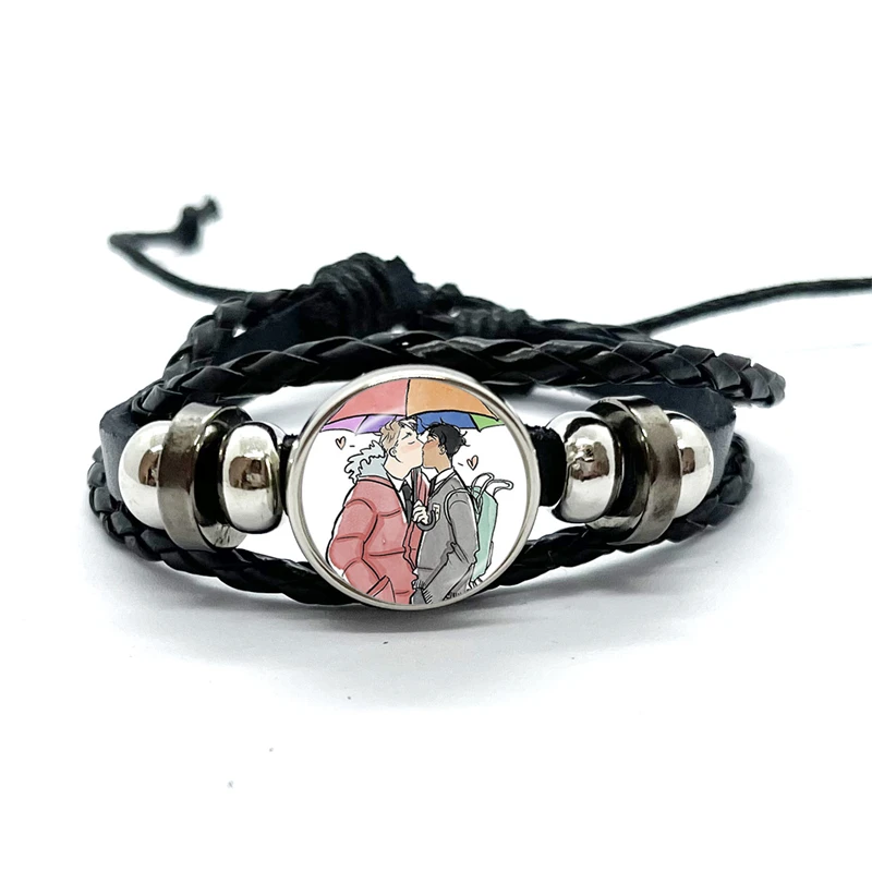 Movie Heartstopper Bracelet for Men Couple Gay Pride Rainbow Glass Button Charm Woven Leather Bracelets Bangle Fans Gifts