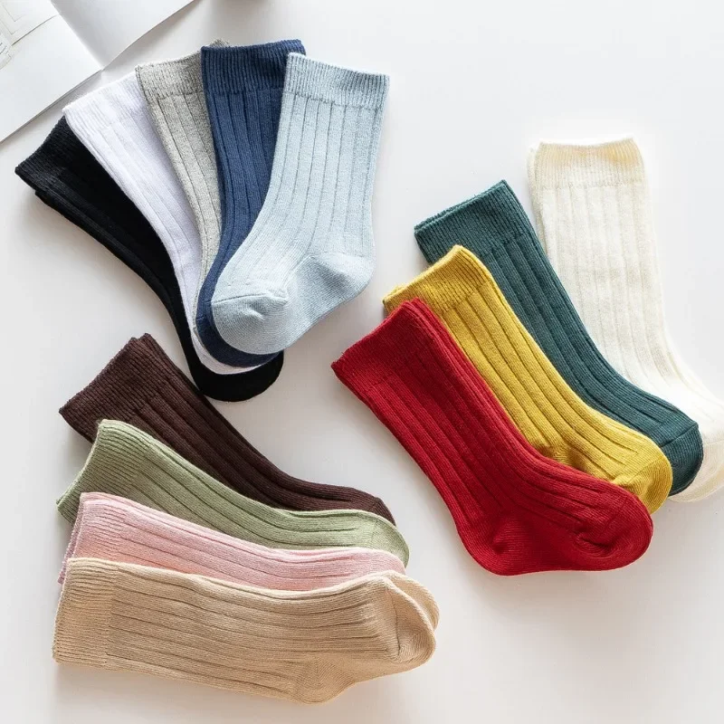 Children's Socks Solid Vertical Stripe Double Needle Baby Long Tube Sock Candy Color Spring Autumn Cotton Casual Princess Socks