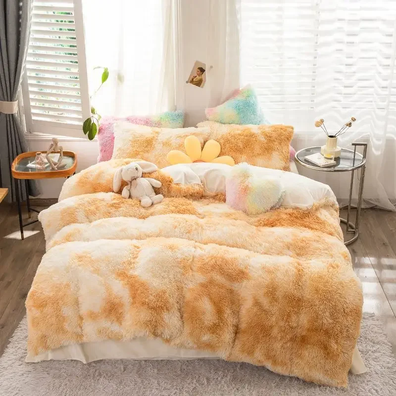 Luxury 3/4Pcs Super Shaggy Soft Coral Fleece Warm Cozy Princess Girls Bedding Set Mink Velvet Quilt Cover Comforter Set Blanket