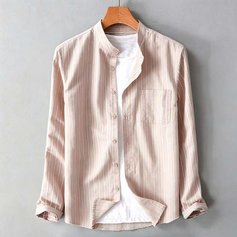 Men's standing collar long sleeved shirt with vertical stripes, spring and autumn loose casual commuting cardigan top