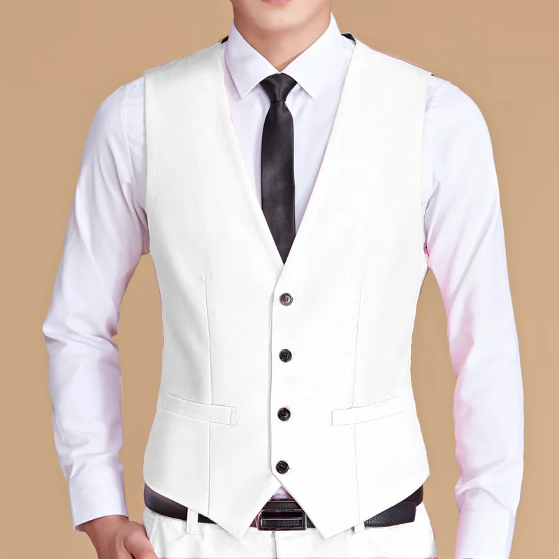 Men Vest White V Neck Solid Single Button Slim Business Formal Waistcoat Tweed Sleeveless Men Suit Vest