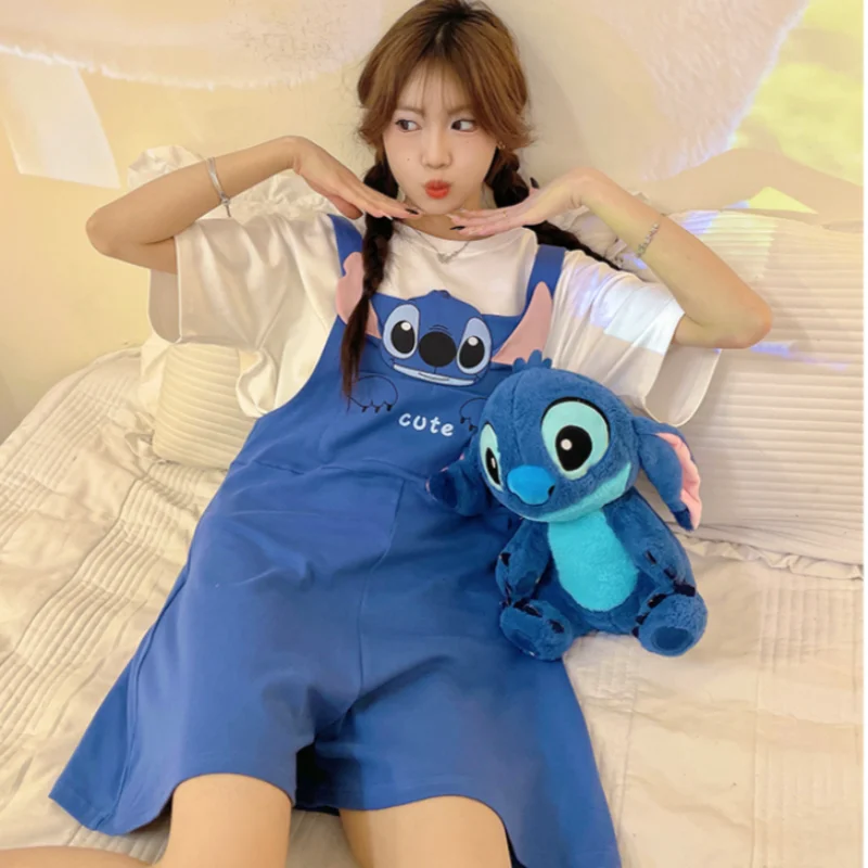 Disney Stitch pajamas summer new cute cartoon straps cotton short sleeves can be worn outside loungewear casual loose suit