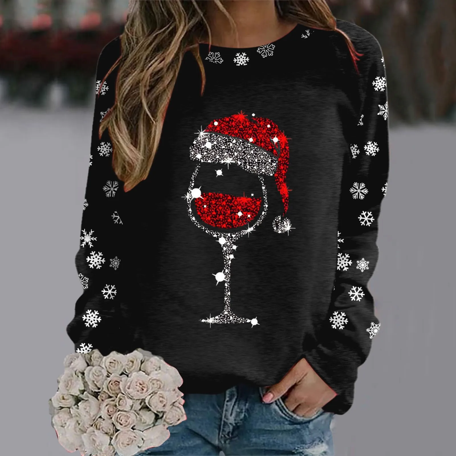 

Autumn Christmas Wine Glass Pattern Sweater For Women Thickened Snowflake Print Sweater Xmas Gradient Color Pullovers Knitwear