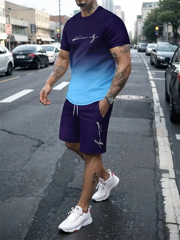 Color Gradient Summer Men's Suit Sportswear New Oversized Clothing 3D Print T-Shirt Shorts Men's Simple Clothing Fashion Suits