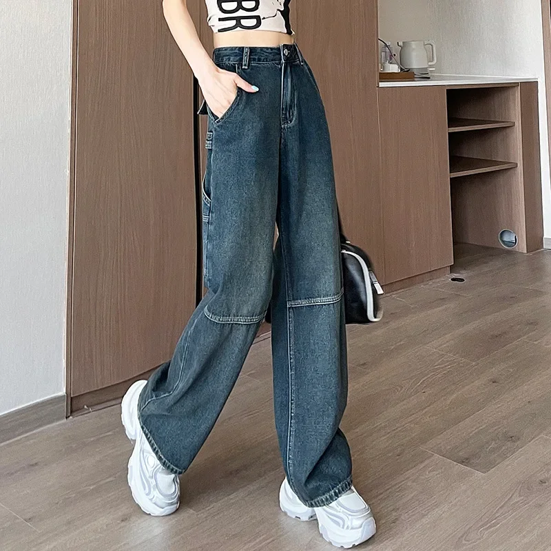 

American retro multi-pocket jeans women's autumn 2024 new high waist slim high street straight loose wide-leg pants