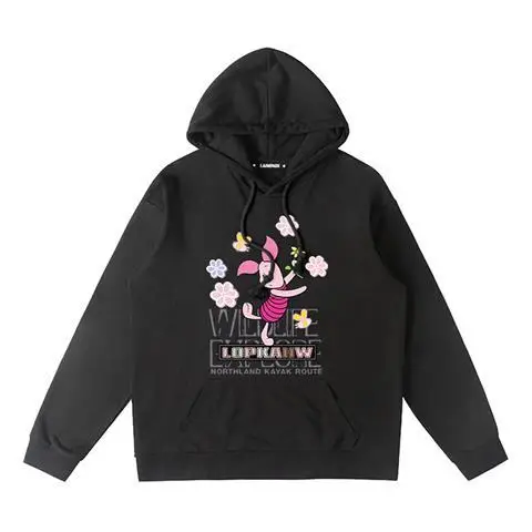 

Cartoon Floral Hoodie Unisex Cotton Fleece Pullover 2025 Autumn Winter Graphic Sweatshirt Black Base Pink White Character Yellow