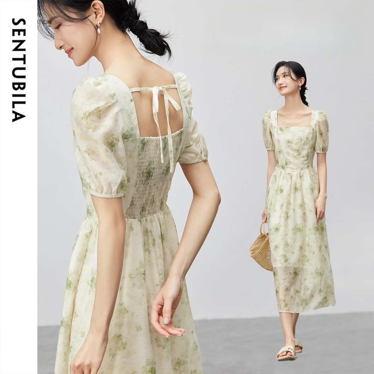 

SENTUBILA Women Summer Floral Midi Dress 2026 Printed Square Collar Smoking Tie Back Elegant Lady Short Sleeve Dresses 142L54805