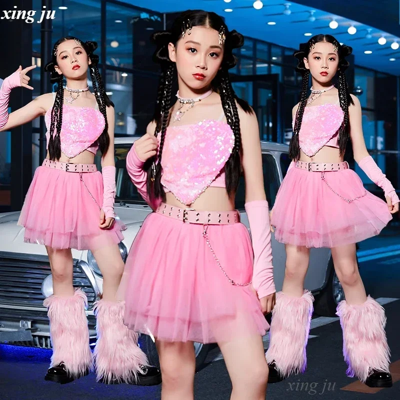 

Pink Sequins Jazz Dance Costume Fashion Dance Show Stage Outfits Children Cheerleading Clothes Girls Rave Festival Clothing Kids