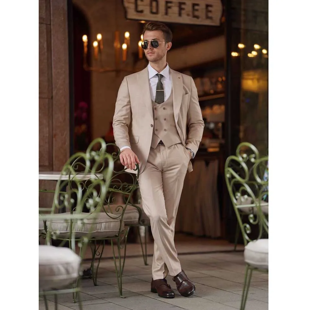 Elegant Khaki Autumn Men's Clothing 3 Piece Jacket Pants Vest Notch Lapel Male's Suits Formal Business Gentleman Blazer Sets