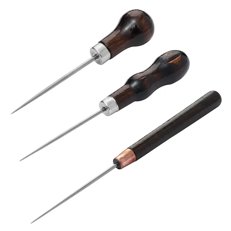 Sewing Awl with Wooden Handle, Scratch Stitching Pin, Punch for Sewing Shoes Repair Tool, Hand Stitcher, Leather Craft Awl, 3Pcs