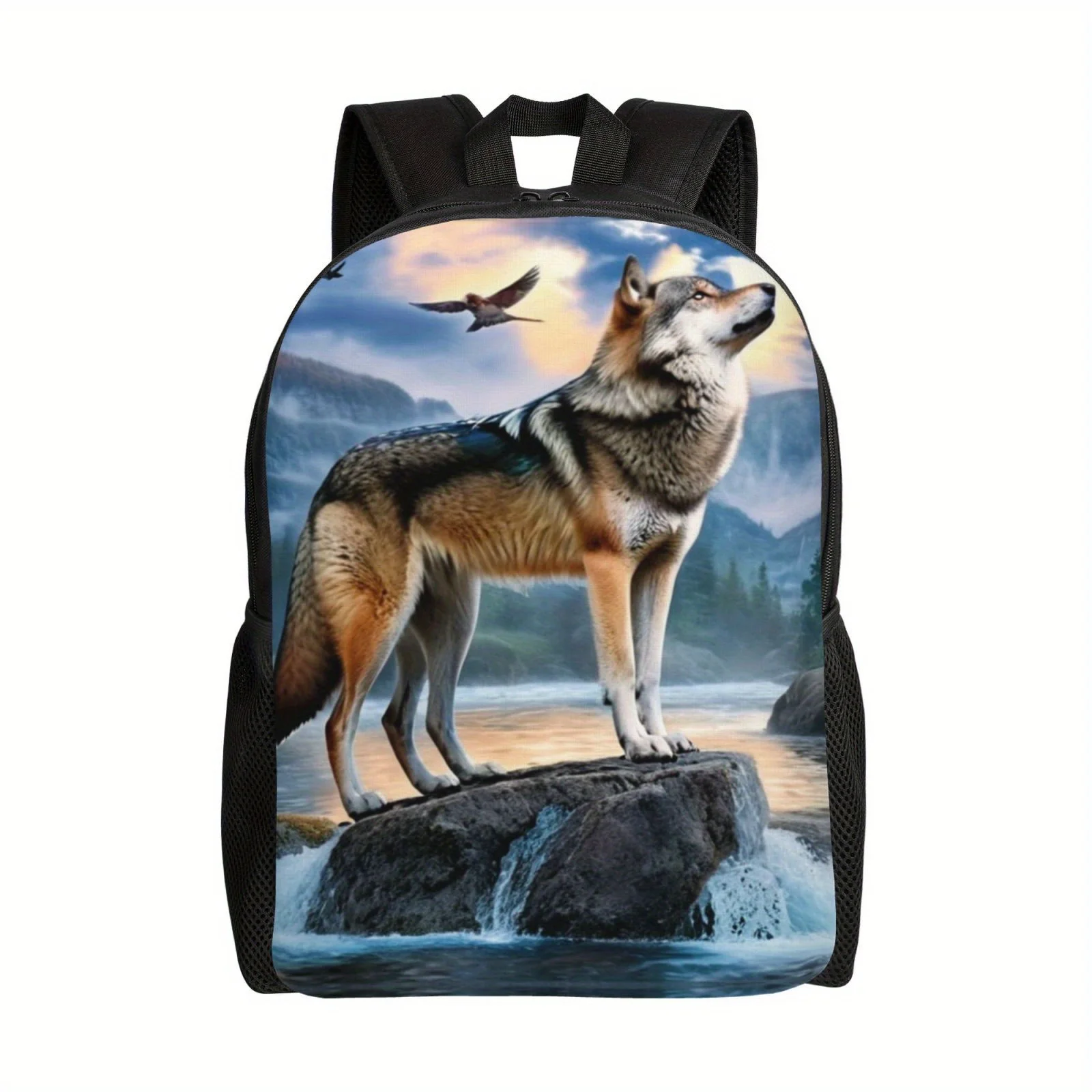 

Wolf-Themed Polyester Daypack, Animal Print Travel Laptop Backpack, Non-Waterproof Hiking Bag with Padded Shoulder Straps