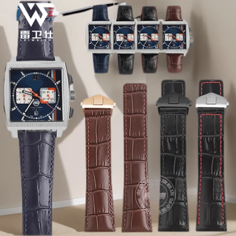 19 20 22MM Black Blue Brown Cowhide Leather Watch Strap For Tag Heuer F1 Monaco Business Watchband Folding Buckle Style Bracelet