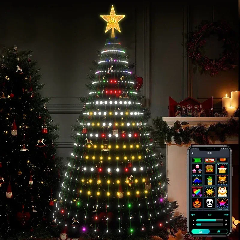 زينة ضوء النجوم لعيد الميلاد التي يتم التحكم فيها من التطبيق، وأضواء عطلات RGB الذكية المزودة بالموسيقى، وأوتار إضاءة مزخرفة مع وقت عن بعد