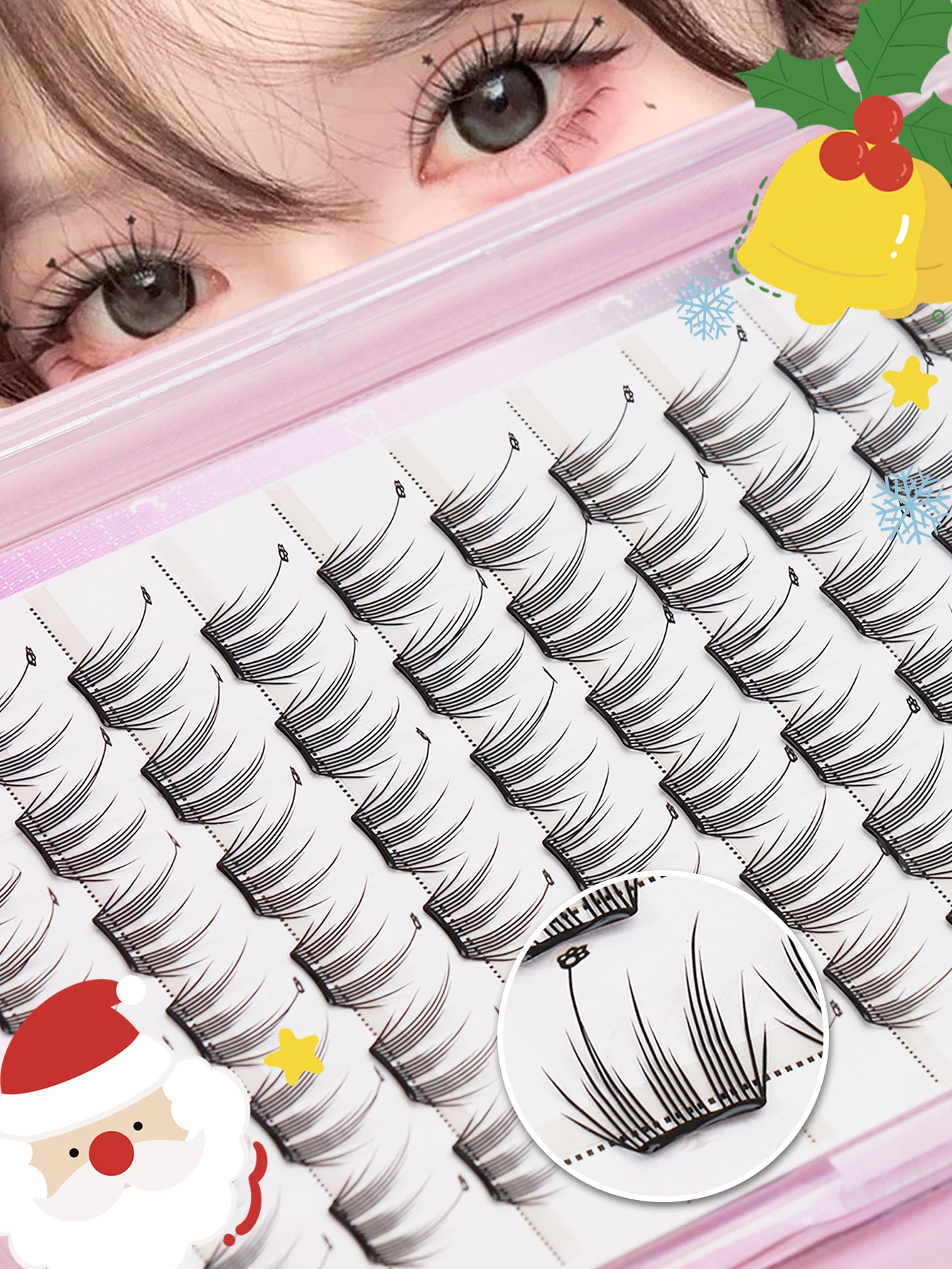 Christmas glue free false eyelashes portable and lightweight C roll single cluster natural style suitable for beginners at party