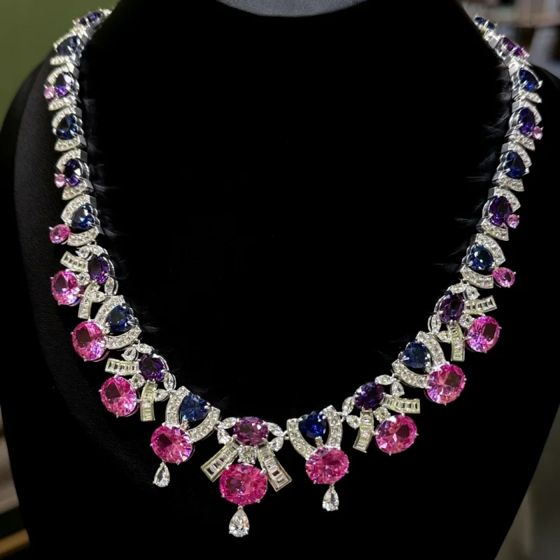 BELLUX Luxury Art Deco Purple Pink Lab Grown Gemstone Necklace 925 Silver Vintage Party Jewelry for Women