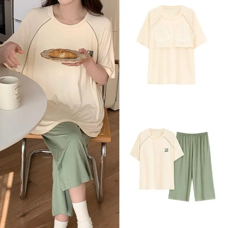 

New Modal Nightwear Women's Summer Short Sleeved Seven Quarter Pants Thin With Chest Cushion Home Clothes Outable Set Pajamas