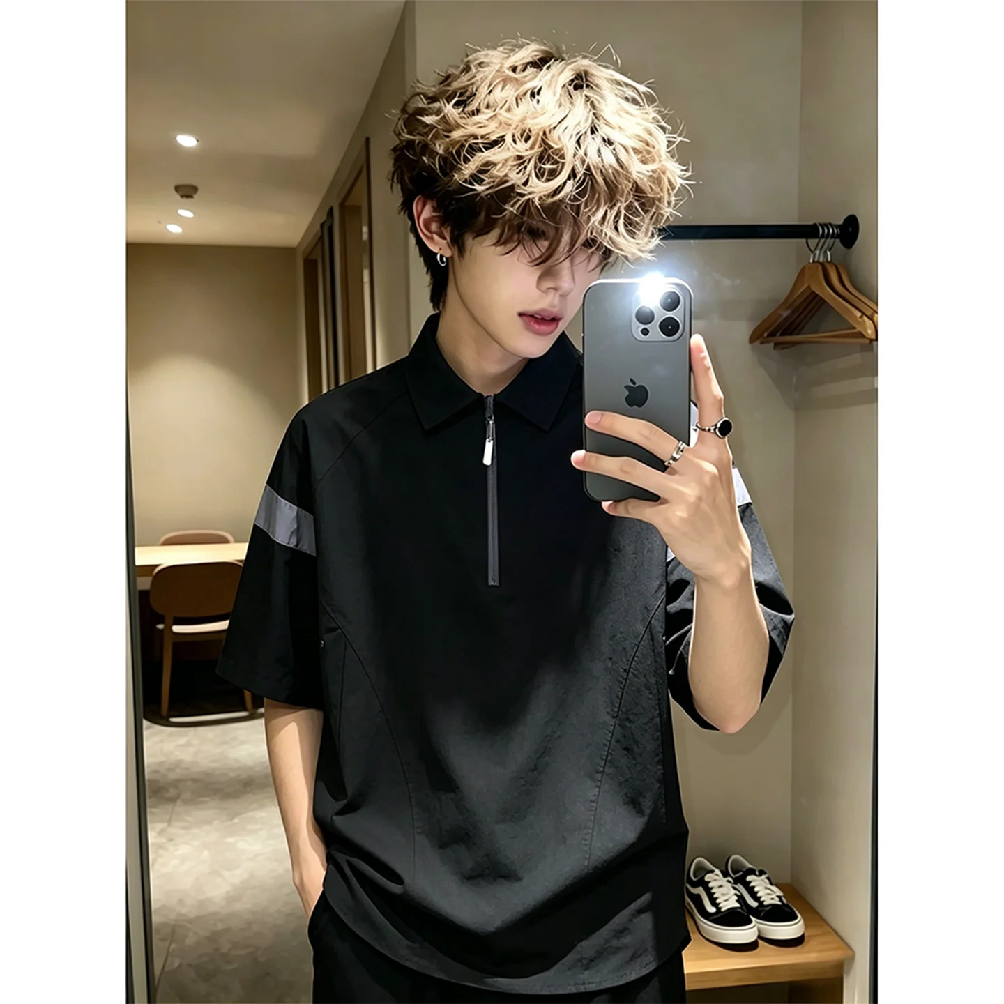 American Style Half Zip  Shirt Short Sleeve Men Summer High Sensation Color Collision T-Shirt Loose Sensation Half Sleeve