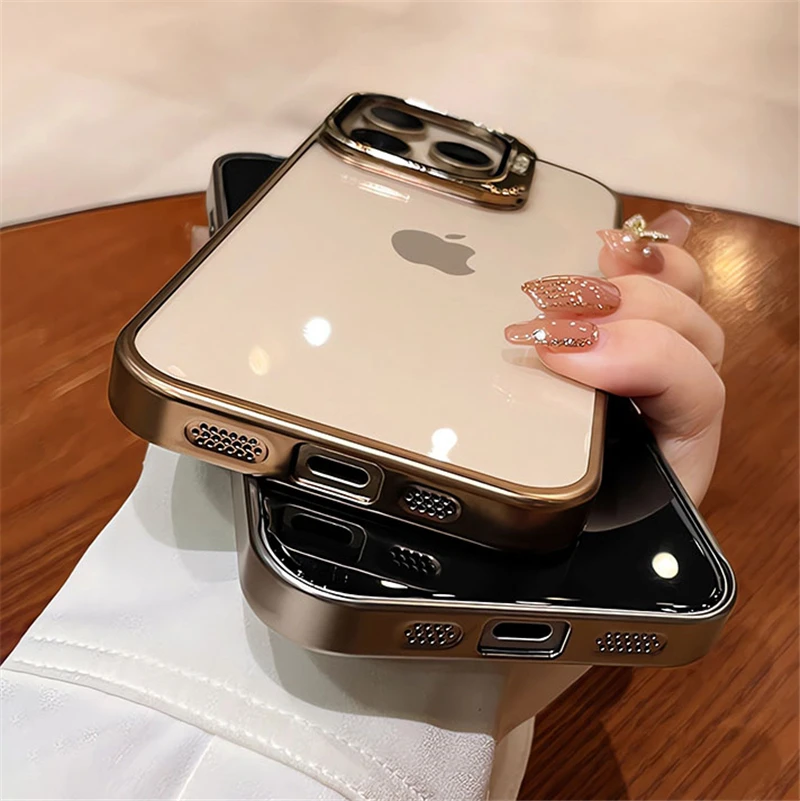 Fold Glass Lens Stand Holder Transparent Case For iPhone 16 15 14 13 12 Pro Max Plus Plating Camera Protection Shockproof Cover