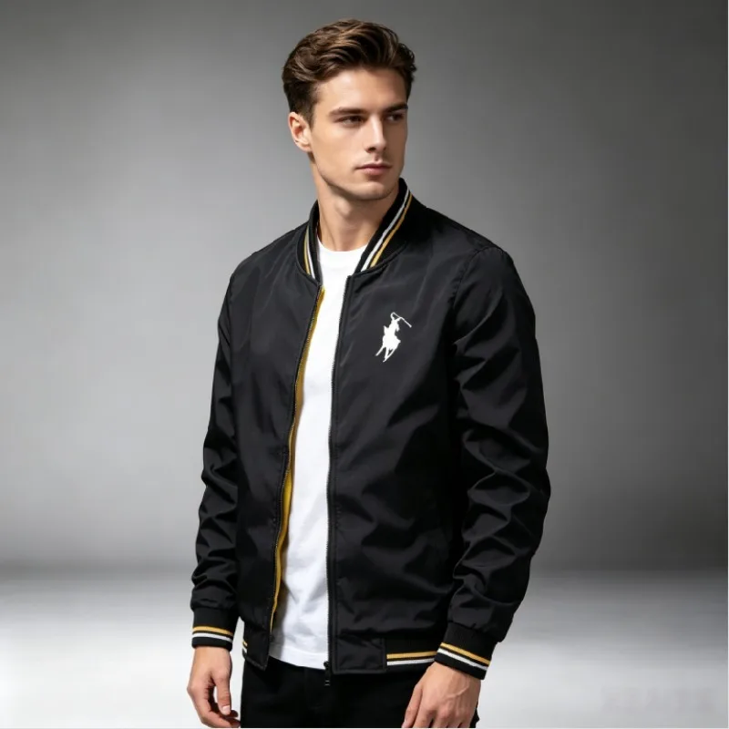 2026 Spring Autumn Men Golf Bomber Jacket Striped Rib Collar Windproof Full Zip Horse Loose Casual Fashion Daily Outerwear